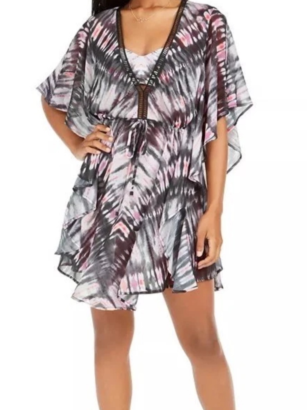 Bar III Pink & Gray Tie-Dye Coverup Medium